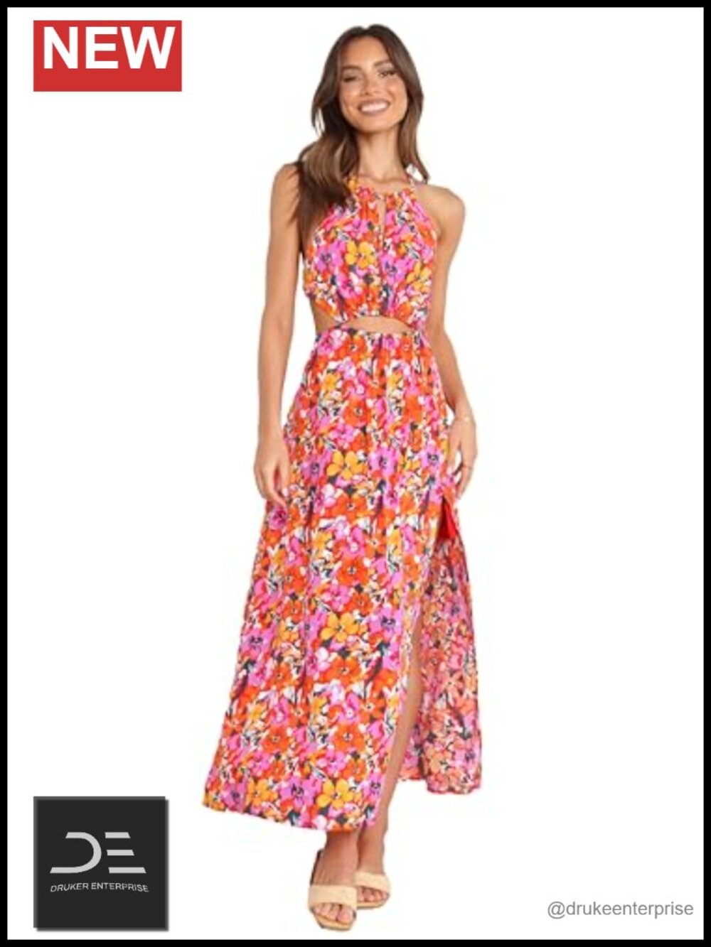 Floral Maxi Halter Dress Cutout Tie High Waist